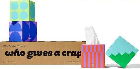 Who Gives a Crap Bamboo Tissues, Facial Tissue Cube Boxes, 100% Bamboo, 3 Ply, 12 Boxes, 65 Sheets per Box, Soft, Strong, and Sustainable, Eco Friendly With Plastic Free Packaging, 780 Total Tissues