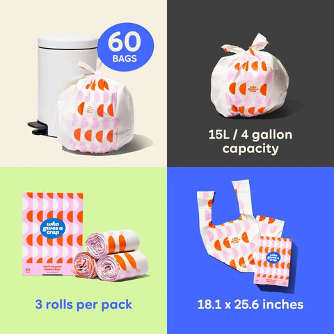 Who Gives a Crap 100% Recycled Small Trash Bags, 60 Count, 4 Gallon, Sustainable Garbage Bags for Kitchen, Office, or Bathroom Trash Can, Designed to Help Resist Leaks and Tears, Durable Tie Handles