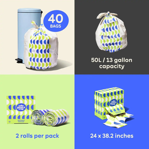 Who Gives a Crap 100% Recycled Tall Kitchen Trash Bags, 40 Count, 13 Gallon, Sustainable Garbage Bags for Kitchen or Large Trash Cans, Designed to Help Resist Leaks and Tears, Durable Tie Handles