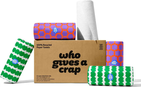 Who Gives a Crap Recycled Paper Towels, 2 Ply, 12 Rolls, 135 Adjustable Sheets per Roll, 100% Recycled Paper, Strong, Durable, Absorbent, & Sustainable, Eco Friendly With Plastic Free Packaging, White