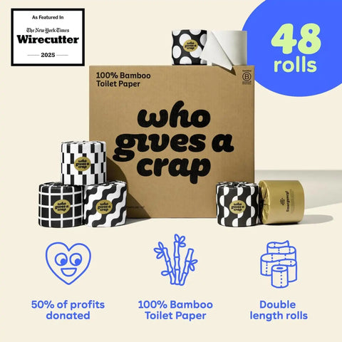 Who Gives A Crap 100% Bamboo Toilet Paper, 48 Rolls, 3 Ply, 370 Sheets, Long, Strong & Soft Toilet Tissue, Sustainable, Biodegradable, Renewable, Tree Free Bathroom Tissue Bulk Toilet Paper