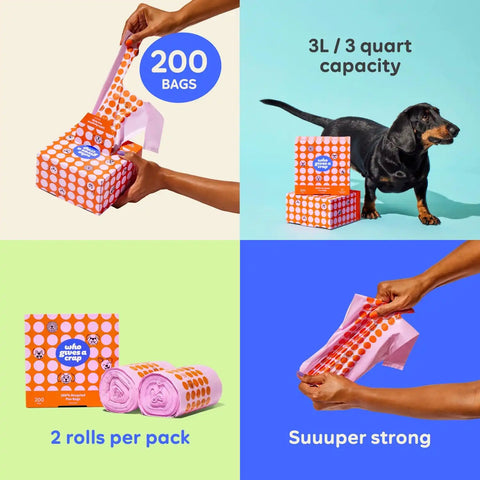 Who Gives a Crap 100% Recycled Pet Waste Bags, 200 Count, 3L / 3 Quart, Designed to Help Resist Leaks and Tears, Tie Handle Poop Bags for Small and Large Dogs, Sustainable Unscented Dog Trash Bags