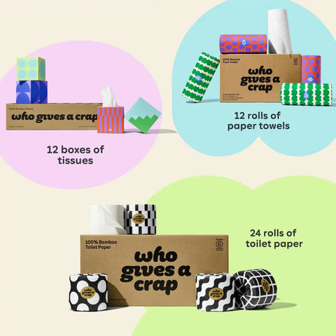 Who Gives A Crap The Lil' Bundle, 24 Bamboo Toilet Paper Rolls & 12 Bamboo Tissue Boxes, 12 Recycled Paper Towel Rolls, Eco Friendly, Sustainable, Plastic Free Household Essentials