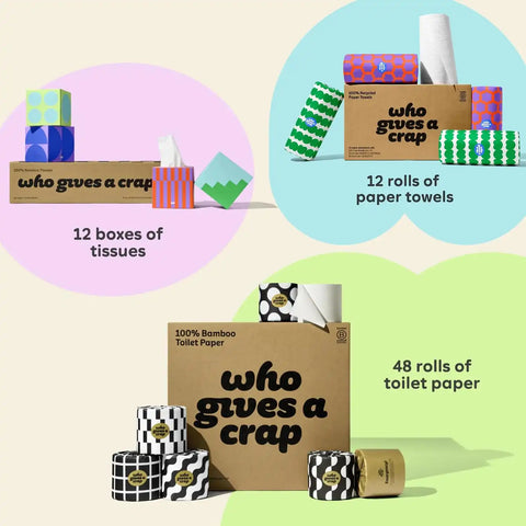Who Gives A Crap The Bigger Bundle, 48 Bamboo Toilet Paper Rolls & 12 Bamboo Tissue Boxes, 12 Recycled Paper Towel Rolls, Eco Friendly, Sustainable, Plastic Free Household Essentials