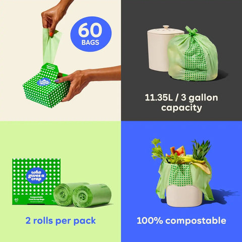 Who Gives a Crap Compostable Food Scrap Bags, 60 Count, 3 Gallon / 11.35 Liter, Durable Compost Bags for Kitchen Compost Bin, Biodegradable Food Waste Trash Bags for Sustainable Disposal