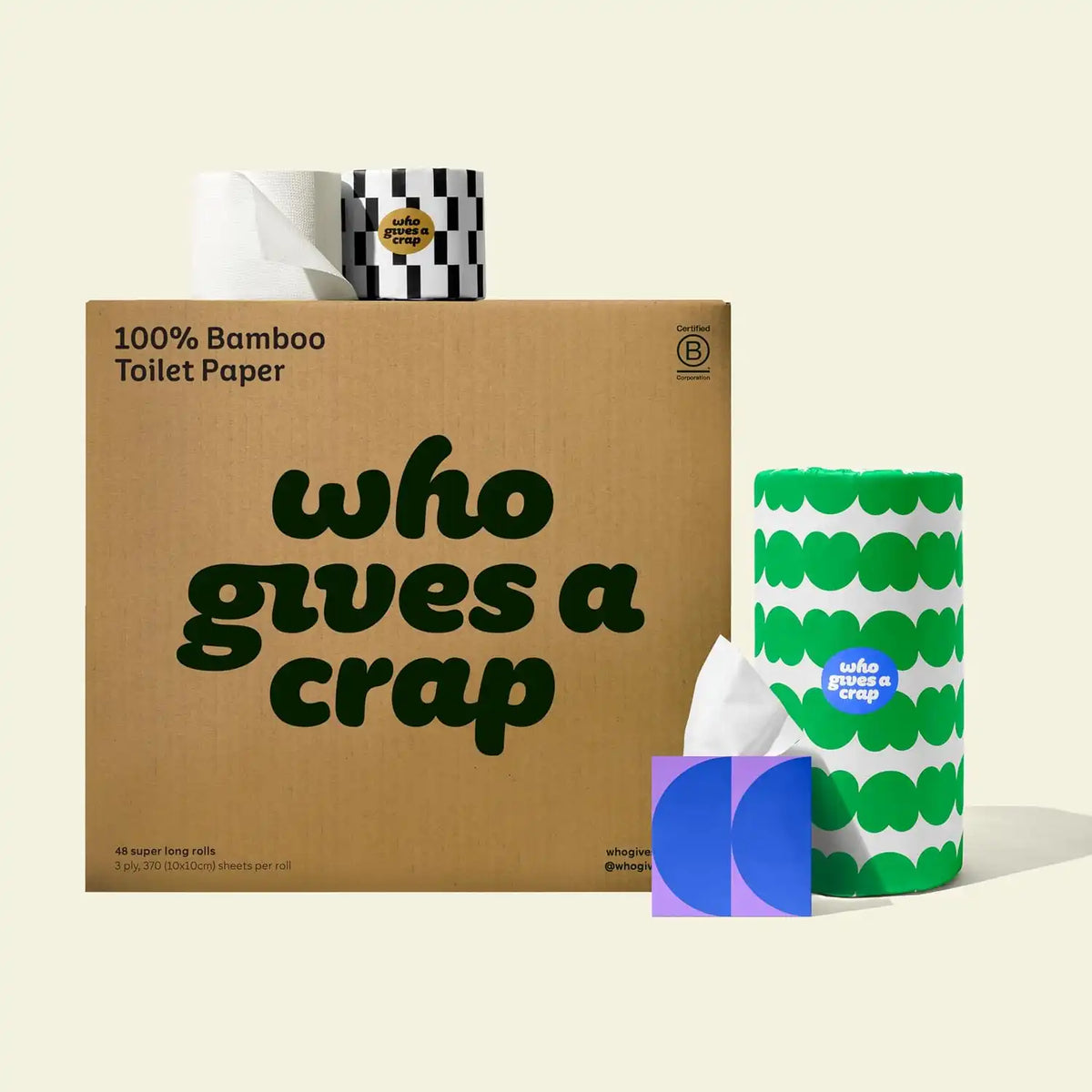 Who Gives A Crap The Bigger Bundle, 48 Bamboo Toilet Paper Rolls & 12 Bamboo Tissue Boxes, 12 Recycled Paper Towel Rolls, Eco Friendly, Sustainable, Plastic Free Household Essentials