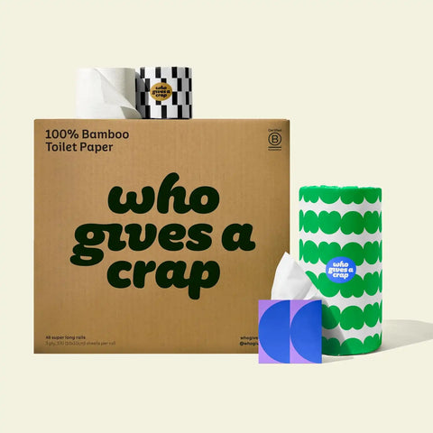 Who Gives A Crap The Bigger Bundle, 48 Bamboo Toilet Paper Rolls & 12 Bamboo Tissue Boxes, 12 Recycled Paper Towel Rolls, Eco Friendly, Sustainable, Plastic Free Household Essentials