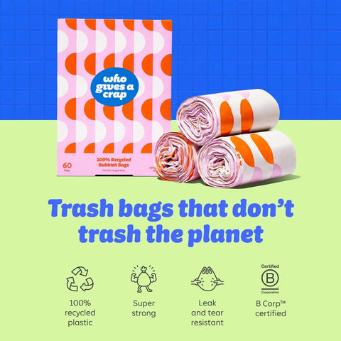 Who Gives a Crap 100% Recycled Small Trash Bags, 60 Count, 4 Gallon, Sustainable Garbage Bags for Kitchen, Office, or Bathroom Trash Can, Designed to Help Resist Leaks and Tears, Durable Tie Handles