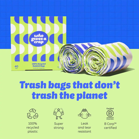 Who Gives a Crap 100% Recycled Tall Kitchen Trash Bags, 40 Count, 13 Gallon, Sustainable Garbage Bags for Kitchen or Large Trash Cans, Designed to Help Resist Leaks and Tears, Durable Tie Handles