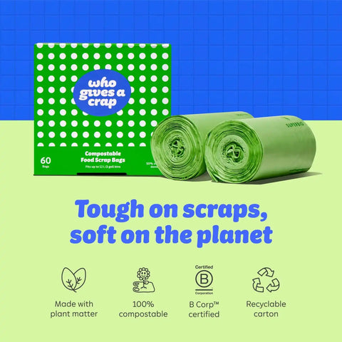 Who Gives a Crap Compostable Food Scrap Bags, 60 Count, 3 Gallon / 11.35 Liter, Durable Compost Bags for Kitchen Compost Bin, Biodegradable Food Waste Trash Bags for Sustainable Disposal