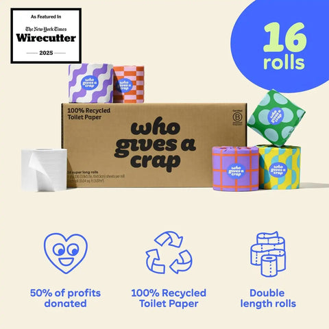 Who Gives A Crap | 100% Recycled Toilet Paper, 16 Rolls, 330 Sheets, Soft & Strong, Virgin Tree Free, Bulk Toilet Paper